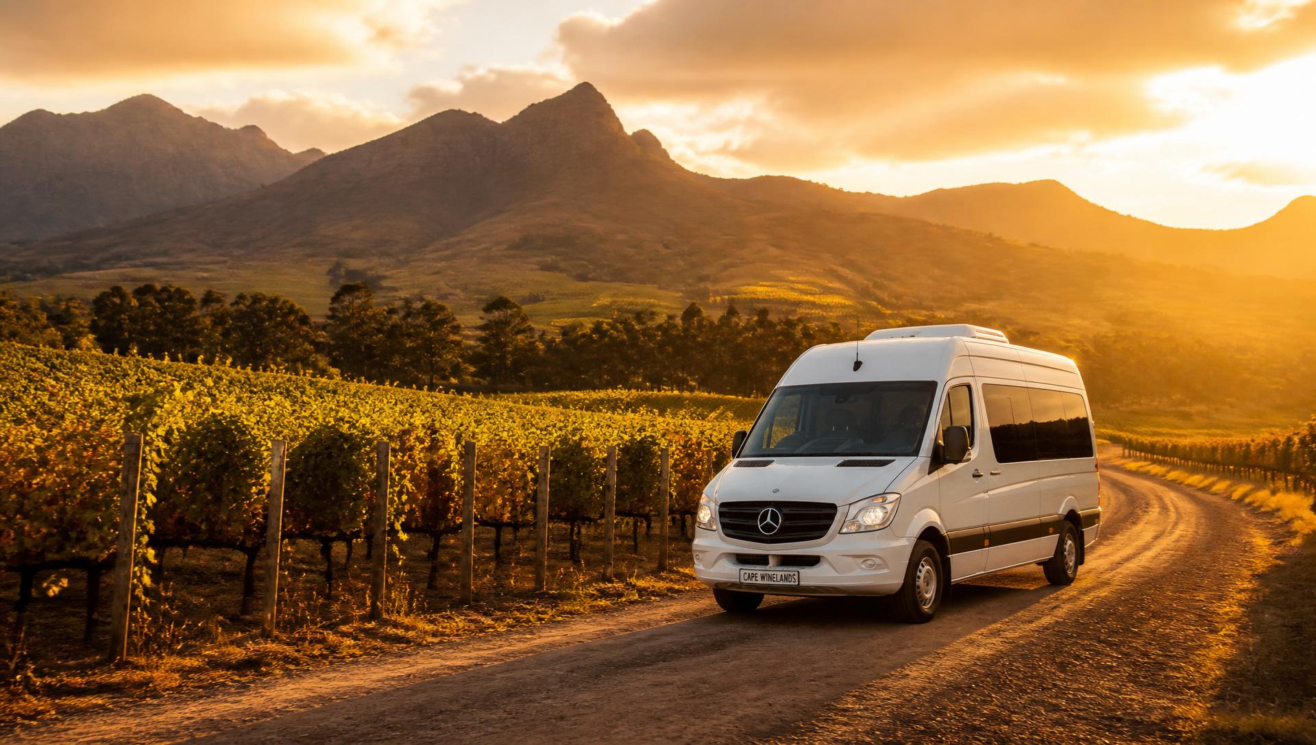 Luxury Mercedes shuttle driving through Stellenbosch winelands at golden hour